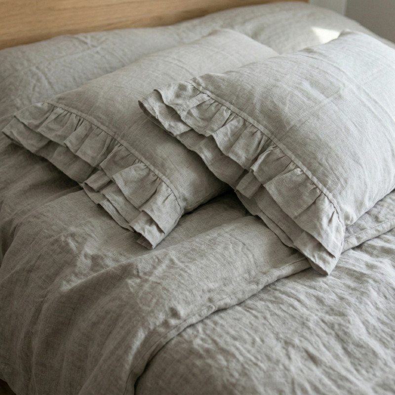 Oatmeal Linen Pillowcase with Doubled Ruffles