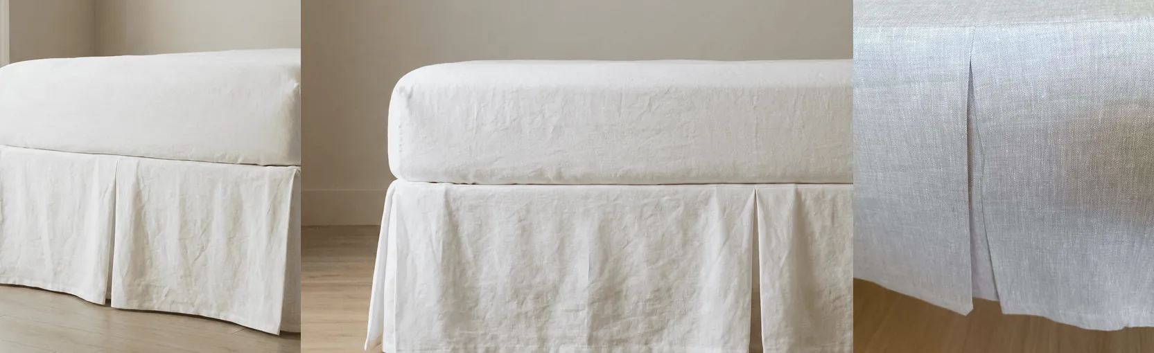 White tailored linen bed skirts around a bed base, with a close-up of a corner pleat.