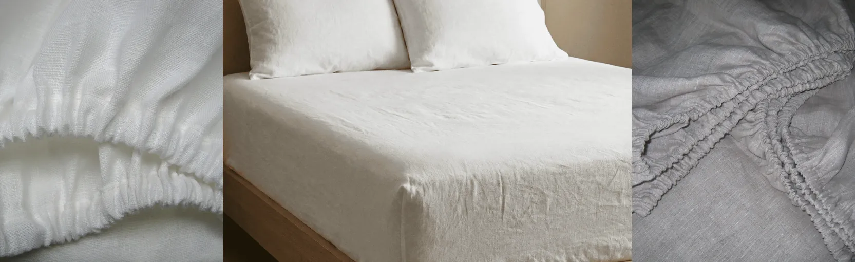 A white linen fitted sheet on a mattress, with close-ups of the elasticated corners in white and oatmeal.